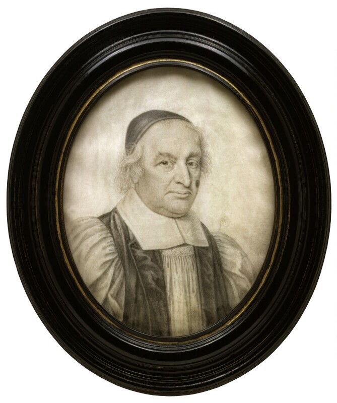 Oval head-and-shoulders, slightly angled portrait of a man wearing clerical robes and a black skull cap, with a large patch just visible on his left cheek