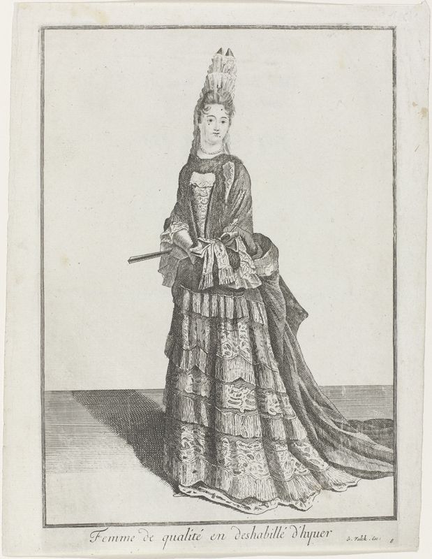 line-drawing fashion plate of woman in long, frilled gown, with a headdress and carrying a fan; three patches on her face