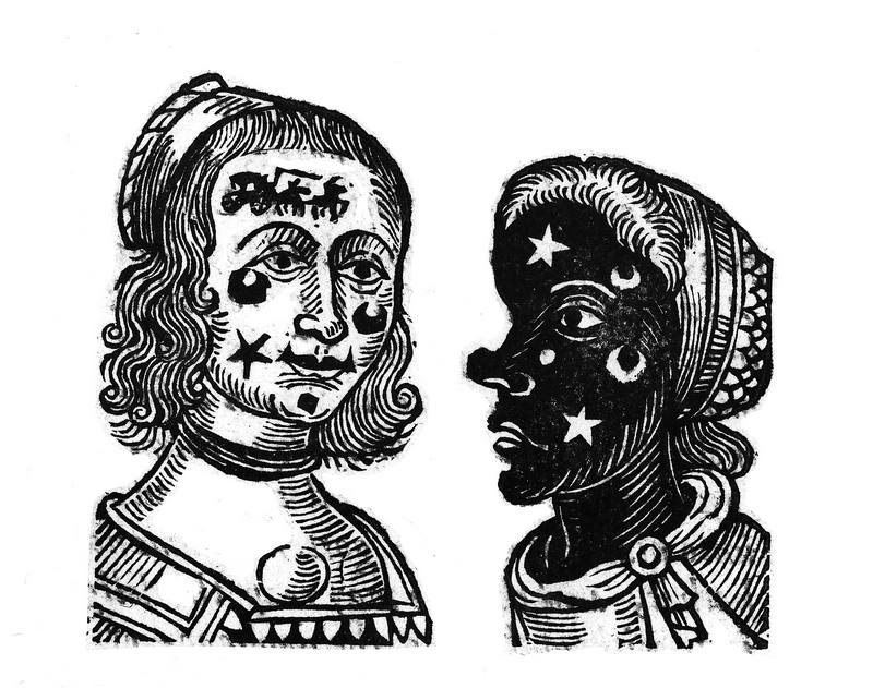 Woodcut print: faco of white woman on left is covered in black patches; on the right, a black woman's face is covered in white patches