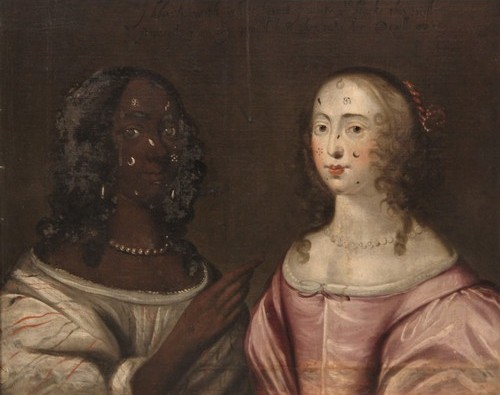 Head and shoulder porttriats of two women wearing silk gowns. On the left, a Black woman with multiple white patches on her face; on the rght, a white woman with black patches