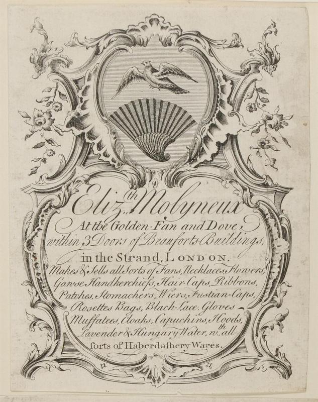 A trade card dated  with text enclosed in decorative scroll topped by a bird on the wing and an open fan
