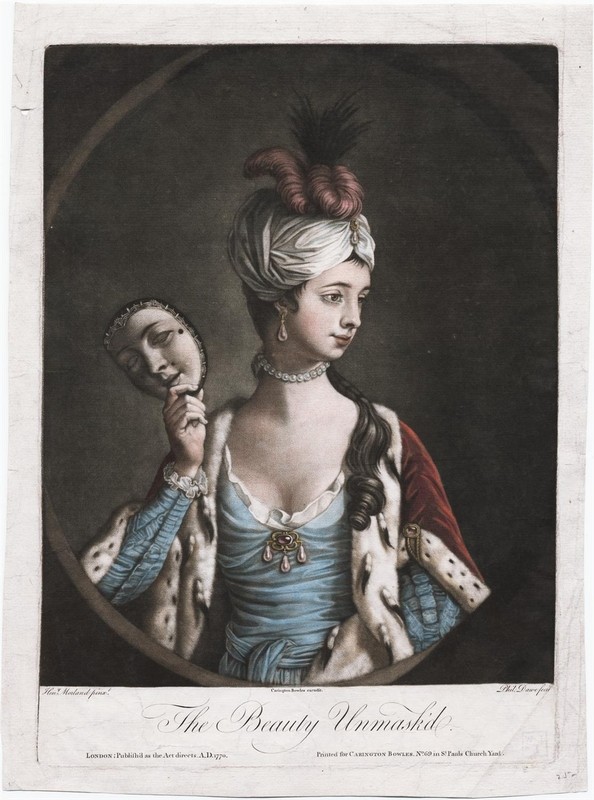 A young woman in evening dress, wearning a turban and holding a mask, which has several patches embellishing it