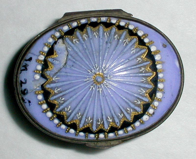 Blue enamel box with typical Bilston ring of white dots