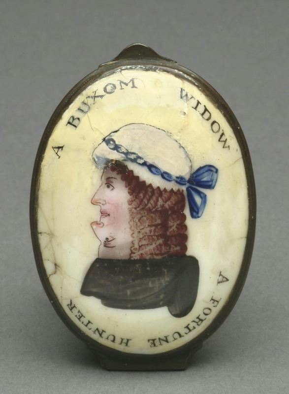 An enamel box showing the 'Buxom Widow' side