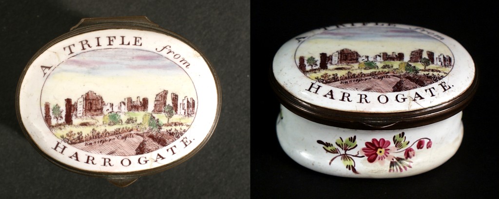 Patch box lid and side view - castle ruin and flowers on the side