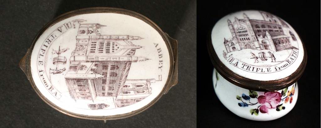 Patch box lid and side view - line drawing of Bath Abbey and coloured flowers round the sides