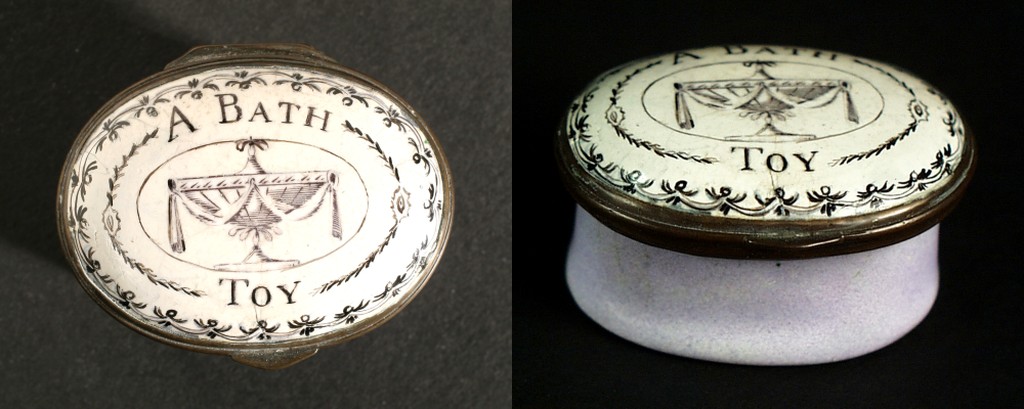 Patch box lid and side view - line drawing of an urn with drapery surrounded by decorative border