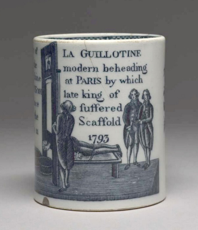 Three men stand around a guillotine with a decapitated man lying tied to it and the words, '[View of] La Guillotine [or the] modern beheading [machine]. at Paris by which [Louis XVI] late king of [France]suffered [on the Scaffold [Jan 21] 1993'